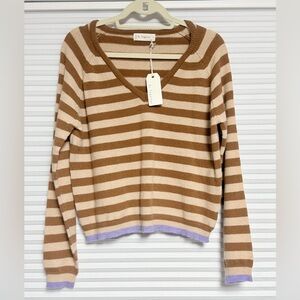 By Together Striped V-Neck Sweater brown and tan with light purple accent